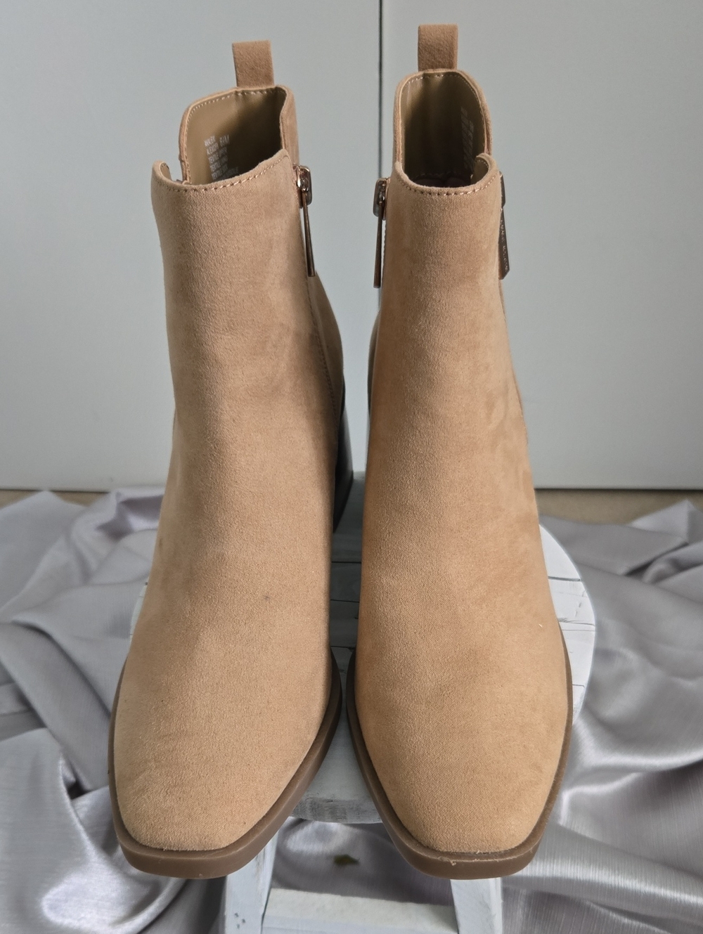 Anne Klein Beige Suede Ankle Booties with Side Zip On either side